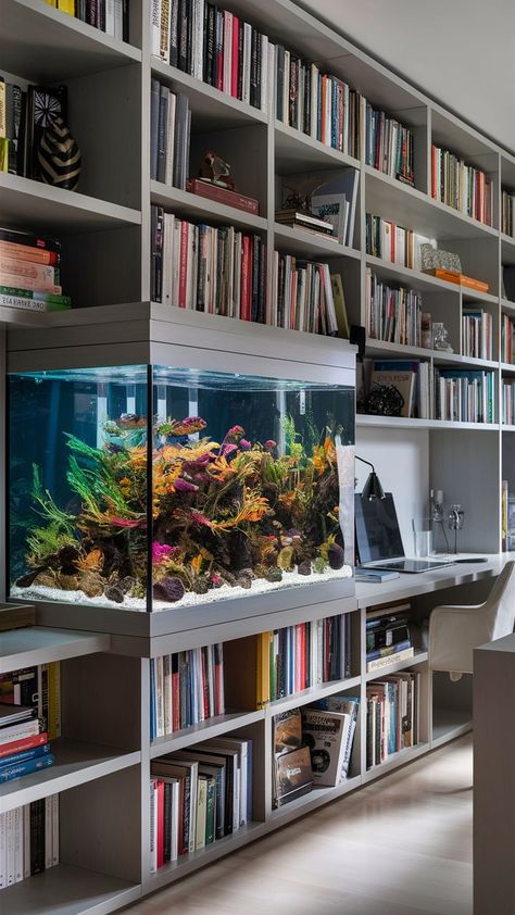 Innovative Bookshelf Aquarium Design Ideas Aquarium In Bookshelf, Built In Aquarium Bookshelf, Fish Tank Bookcase, Bookshelf Fish Tank, Built In Aquarium, Interior Aquarium, Aquarium Design Ideas, Office Aquarium, In Home Library