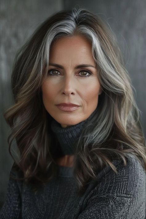 28 Stunning Gray Hair Blending Ideas You Need To Try Coloured Grey Hair, Hair Ideas For Gray Hair, Hairstyles For Graying Hair, Gray With Dark Lowlights, Pale Skin Silver Hair, Highlight To Blend Grey Hair, Hair Color Ideas For Transitioning To Gray, Dark Hair To Gray Transition, Blend In Gray Hair Highlights