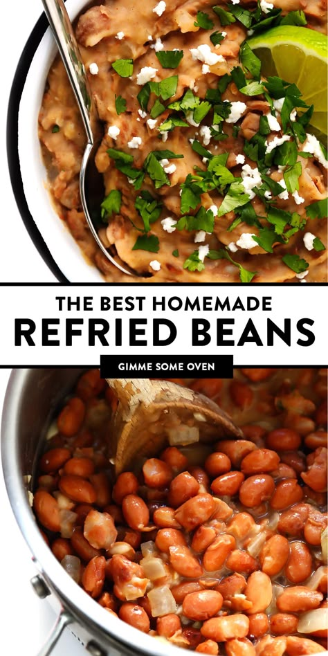 This homemade refried beans recipe is easy to make in about 20 minutes with vegetarian ingredients you can feel great about! It's the perfect easy Mexican side dish, or can be added to tacos, burritos, enchiladas and more. Or just serve with tortilla chips as an easy dip! | gimmesomeoven.com #refriedbeans #mexican #dip #side #glutenfree #vegetarian #vegan #healthy #cincodemayo Best Refried Beans, Mexican Side Dish, Chipotle Powder, Mexican Side, Homemade Refried Beans, Refried Beans Recipe, Mexican Side Dishes, Easy Dip, Mediterranean Meals