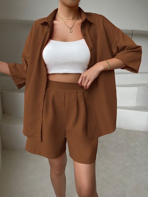 Coffee Brown Casual Collar Three Quarter Length Sleeve  Plain  Embellished Non-Stretch Summer Women Co-ords Summer Academia Fashion, Brown Shorts Outfit, Casual Outfits Comfy, Drop Shoulder Blouse, Chubby Style, Simple Casual Outfits, Luxury Lifestyle Women, Unisex Clothes, Casual Outfit Inspiration