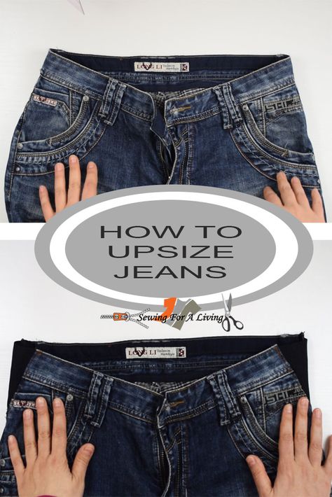 Here is a sewing tutorial on how to enlarge the waist and hips of jeans. Follow the instructions and watch the video to learn how to DIY upsize your jeans. How To Extend Jeans Waistband, Upsizing Jeans, How To Make Pants Bigger In The Waist, How To Make Jeans, Altering Jeans, Jeans Refashion, Ropa Upcycling, Sewing Jeans, Sewing Alterations