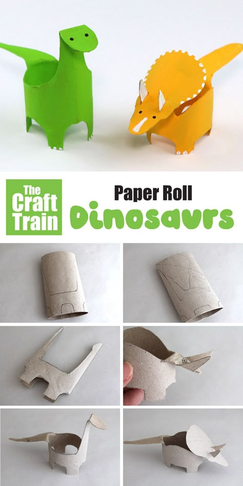 Dinosaur craft from a paper roll. Make the cutest cardboard dinosaurs using paper rolls and our printable template. You can make both a Triceratops and a Diplodocus!  #dinosaur #dinosaurcraft #kidscraft #paperrolls #animalcrafts #cardboardtubes #toiletrolls #kidsactivities #kidscrafts #recyclingcrafts #recycle Creative Dinosaur Crafts, Cardboard Toilet Paper Rolls Ideas, 3d Dinosaur Craft, Dino Toilet Paper Roll, Toilet Paper Roll Dinosaur, Dinasour Craft Kids, Recycled Dinosaur Project, Toilet Paper Animals, Dino Cardboard