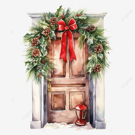 watercolor wooden front door illustration with christmas wreath and decor christmas door christmas Front Door Illustration, Window Png, Snow Window, Door Illustration, Window Snow, Wooden Front Door, Transparent Watercolor, Wooden Front Doors, Christmas Ad