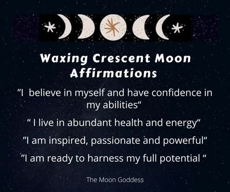 Waxing Crescent Affirmation, Waxing Crescent Moon Affirmation, Waxing Moon Affirmations, Waxing Crescent Moon Rituals, Waxing Crescent Moon Ritual, Moon Grimoire, Aphrodite Worship, Herbs Properties, Moon Phases Meaning