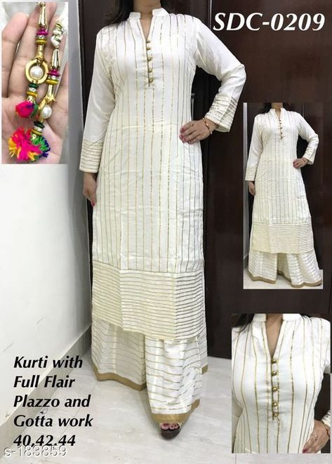 Plazo With Kurti, New Dress Design Indian, White Kurtis, Plazo Kurti, A Line Kurti, Party Wear Kurtis, Gota Work, Kurti Designs Latest, Long Kurti Designs