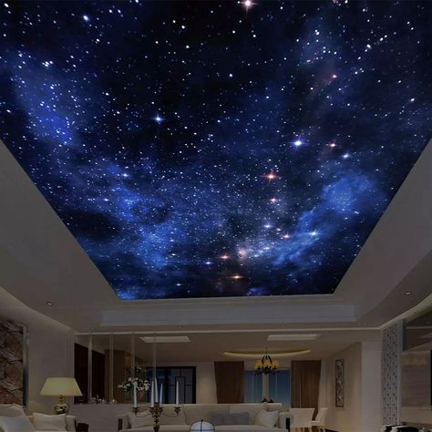 Night Sky Bedroom Ceiling Stars, Starry Sky Painted Ceiling, Galaxy Wall Design, Night Sky Ceiling Wallpaper, Night Sky Wallpaper On Ceiling, Night Sky Lighting, Starry Sky Bedroom Ceiling, False Ceiling Stars Design, Night Sky Wallpaper Bedroom