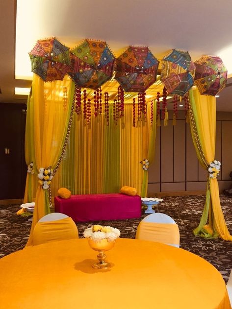 Think Event Think Bazaar Haldi Decoration Ideas Umbrella, Haldi Decoration Ideas In Banquet Hall, Haldi Back Drop Ideas, Theme For Haldi Function, Haldi Ceremony Decorations At Home, Mehendi Stage, Mehandi Poses, Haldi Decoration Ideas At Home, Ganesh Background