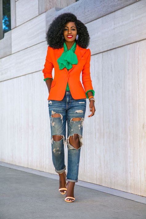 Fitted Blazer + Bow Shirt + Boyfriend Jeans Orange Blazer Outfits, Outfits Men Casual, Mixed Messages, Boyfriend Jeans Style, Outfit Elegantes, Blazer Outfits Men, Style Pantry, Blazer And T Shirt, Blazer Outfits For Women