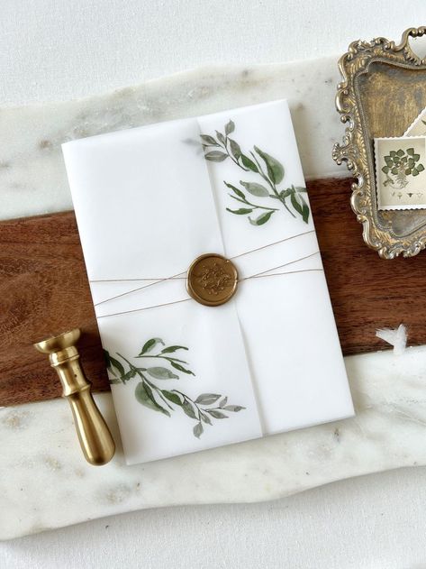 Undangan Diy, Invitation Vellum, Vellum Jacket, Pearl Wax, Gold Wax Seal, Vellum Wrap, Wedding Invitation Trends, Rustic Summer Wedding, Handmade Wedding Invitations