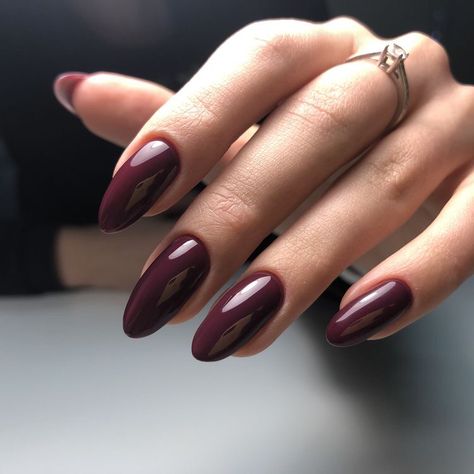 Almond Plum Nails, Almond Wine Nails, Dark Nails Oval, Plum Almond Nails, Dark Oval Nails, Wine Almond Nails, Maroon Almond Nails, Maroon Acrylic Nails, Round Nail Designs