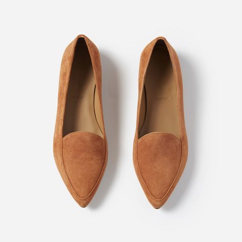 Make your point. Soft, supple Italian suede, a slim tapered toe, and just a touch of texture make this one of the most elegant flats in your weekly rotation. Feminine and functional. Pointed Toe Leather Loafers, Cognac Flats, Cognac Shoes, How To Have Style, Pointed Loafers, Pointed Flats Shoes, Leather Flats Women, Pointy Shoes, Everlane Shoes