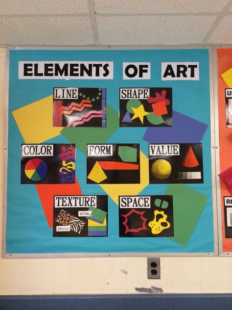 Artwork Bulletin Board Ideas, Posters For Art Classroom, Elements Of Art Display, Artist Of The Week Bulletin Board, Art History Bulletin Boards, Elements Of Art Bulletin Board, Art Room Classroom Decor, Middle School Art Bulletin Boards, Art Class Bulletin Boards Elementary