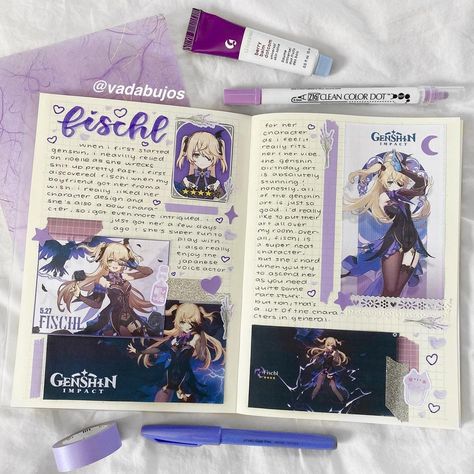 Genshin Impact Stationery, Character Scrapbook Ideas, Genshin Notes, Genshin Impact Journal, Genshin Journal, Character Scrapbook, Gaming Journal, Characters From Books, Game Journal