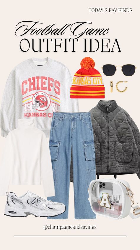 Need an NFL game day outfit for a woman? Then this football game or tailgate outfit idea is for you! Love this casual outfit that has sporty fashion elements. The sweatshirt and beanie come in all the other team options too! Love it paired with the wide leg cargo jeans, clear stadium bag, and quilted jacket. Follow for more women's fashion and outfit ideas! Game Day Work Outfit, Chilly Football Game Outfit, Leather Pants Game Day Outfit, Cute Nfl Gameday Outfits, Nfl Outfit Ideas Woman Winter, Cold Nfl Game Outfit, Cold Weather Football Game Outfit, Winter Football Game Outfit, Cold Game Day Outfit