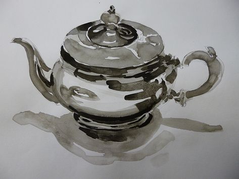 Washed Ink Drawing, Liquid Ink Drawing, Watercolour Object Painting, Object Drawing Watercolour, Ink Wash Art, Metal Pen Drawing, Ink Wash Drawings, Watercolour Teapot, How To Draw Metal