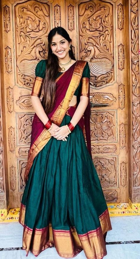 Saree Styles Maharashtrian, South Indian Half Saree Designs, Narayani Pattu Half Sarees, Naryanapattu Sarees, Blouse Designs For Narayanpet Half Sarees, Red And Green Half Saree Pattu, Green Dhavani Set, Green And Maroon Half Saree, South Style Lehenga