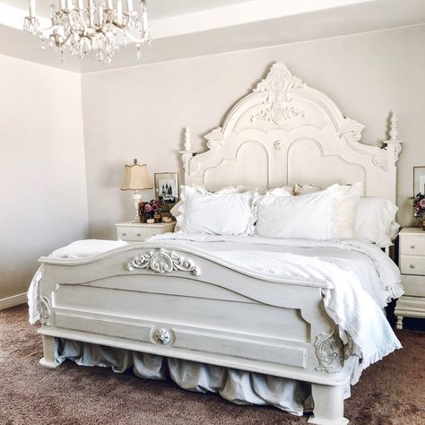 Bedroom Fancy, French Bedrooms, White And Silver Bedroom, Ornate Bed, French Provincial Bedroom, French Country Bedding, Silver Bedroom, Country Bedding, Happy Sunday Friends