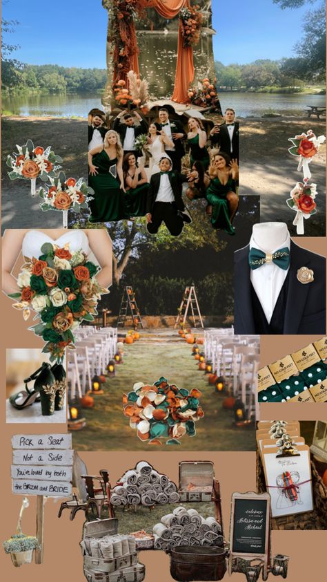 Pond view ceremony with fall color scheme Orange And Emerald Green Wedding, Emerald Green And Burnt Orange, Burnt Orange Color Scheme, Orange And Emerald Green, Green And Burnt Orange, Burnt Orange Wedding, Fall Color Schemes, Fall Wedding Ceremony, Orange Color Schemes