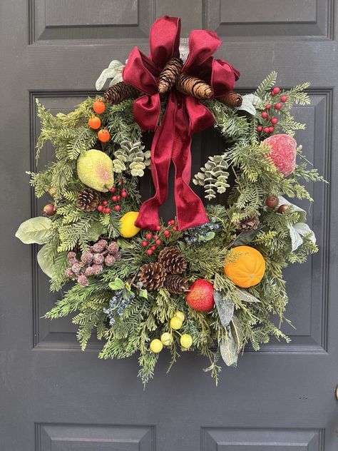 Colonial Williamsburg Decor, Colonial Williamsburg Christmas, Sugared Fruit, Front Porch Door, Williamsburg Christmas, Cedar Wreath, Apple Wreath, Fruit Wreath, Porch Door