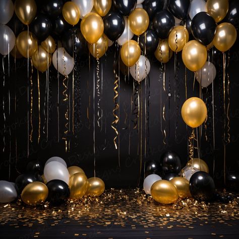 Gold And Black Bday Decorations, Sweet 16 Party Ideas Gold And Black, Classy Black And Gold Party, Black Brown Gold Party Decor, 45th Birthday Ideas For Him Decor, Black And Gold Theme Decor, Black And Gold 35th Birthday, Black White Gold Birthday Theme, White Black And Gold Birthday Decor