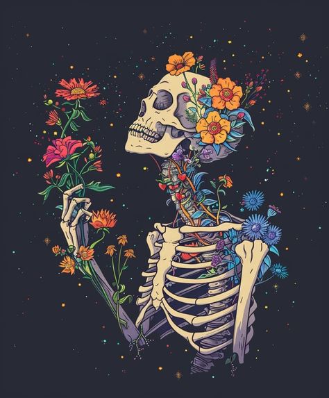 Skeleton Holding Flowers, Calaveras Aesthetic, Stuffed Pumpkin, Skeleton Flower, Inspirational Digital Art, Skeleton Drawings, Skull Art Drawing, Skull Flower, Dark Artwork