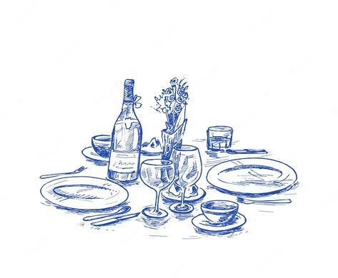 Dining Table Illustration Art, Dinner Date Illustration, Table Setting Illustration, Table With Food Drawing, Kitchen Table Illustration, Dinner Table Tattoo, From The Dining Table Tattoo, Dining Table Sketch, Table Setting Drawing