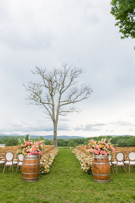 Wine Barrel Flower Arrangements, Barrel Wedding Decor, Farm Reception, Wine Barrel Wedding, Barrel Flowers, Barrel Wedding, Farm Wedding Photos, Wedding Isles, Virginia Wedding Venues