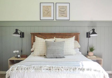 Dark Wood Furniture Bedroom Ideas, Bedroom Half Wall, Vertical Shiplap Bedroom, Basement Bookcase, Half Wall Ideas, Shiplap Bedroom, Cream And White Bedroom, Beige Bedding, Wall Behind Bed