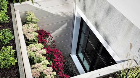 16 Egress Window Well Ideas to Inspire - The Great Egress Co Basement Egress Window Ideas, Egress Window Ideas, Egress Window Landscaping, Cabin Foundation, Egress Window Well, Basement Window Well, Window Wells, Basement Window, Window Dimensions