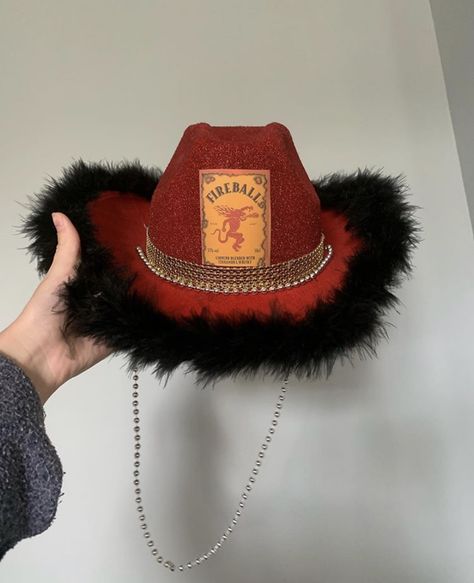 Fireball Hat Costume, Fireball Outfit Ideas, Fire Ball Halloween Costume, Crown Royal Cowboy Hat, Fireball Hat Diy, Fireball Costume Halloween, Fireball Cowgirl Hat, Custom Cowgirl Hat Ideas, Decorative Cowboy Hats