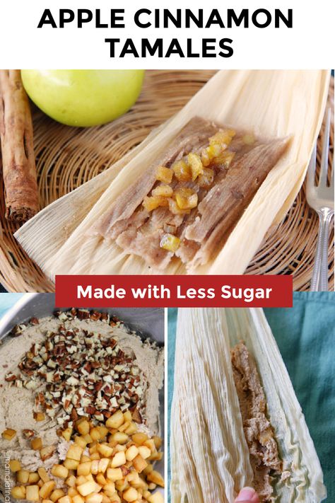 a collage of steps on how to make apple sweet tamales Mexican Sweet Tamales Recipe, Chocolate Tamales Recipe, Sweet Tamales Mexican, Fruit Tamales Recipe, How To Make Sweet Tamales, Types Of Tamales, Dessert Tamales Recipe, Sweet Tamales Authentic Mexican, Fruit Tamales