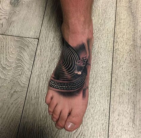 Turntable Mens Foot Tattoo | Best tattoo ideas & designs Men Foot Tattoo, Mens Foot Tattoos, Time Clock Tattoo, Unique Tattoos Black Women, Tattoos Pinterest, Mother Nature Tattoos, Hyper Realistic Tattoo, Sak Yant Tattoo, Ankle Tattoos