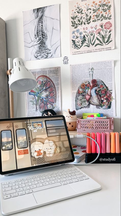 Ipad Medical School, Med Student Desk Setup, Medical University Aesthetic, Med Student Desk, Medical Study Aesthetic, Medical Student Desk, Medschool Aesthetic, Medicine Inspiration, Nurse Desk