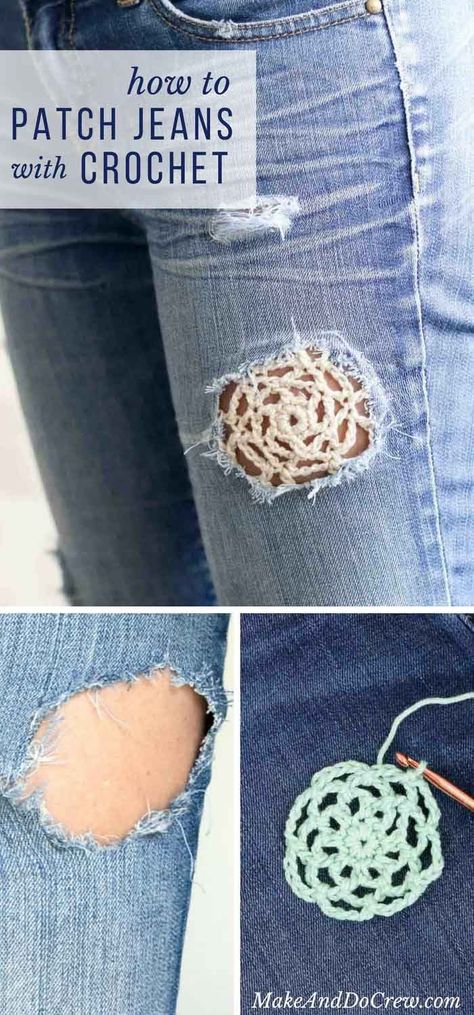 Holy boho! :) Love this look of holey jeans patched with crochet. Free crochet doily pattern and photo tutorial included. Rattoppare I Jeans, Jeans With Crochet, How To Patch Jeans, Holey Jeans, Doily Pattern, Patch Jeans, Mode Crochet, Astuces Diy, Creation Couture