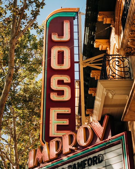 San Jose Improv Comedy Club neon sign, in downtown San Jose, California Club Neon Sign, Marquee Signage, Downtown San Jose, Improv Comedy, Rail Transport, San Jose California, Comedy Club, Posters Framed, City Car