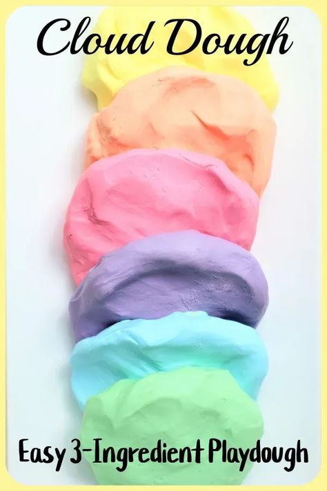 It takes just 3 simple ingredients (cornstarch, lotion or conditioner), and food colouring (optional) to make this simple, no-cook playdough that is a blast to play with. Kids have fun making the playdough, too! #clouddough #playdough #playdo #cornstarchplaydough #nocookplaydough #3ingredientplaydough #2ingredientplaydough #kidscooking #lotionplaydough Corn Starch Play Dough Recipe, Allergy Free Playdough Recipe, Play Dough With Conditioner, Home Made Play Dough Easy, Best Playdough Recipe Ever, No Salt Playdough, Individual Playdough Recipe, Conditioner Playdough 2 Ingredients, Homage Play Dough