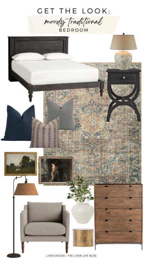 Bedroom Inspirations With Black Bed, Modern Colonial Style Master Bedrooms, Natural Moody Bedroom, Moody Vintage Master Bed, Transitional Bedroom Wood Bed, Timeless Interior Design Bedroom, Traditional Bedroom Mood Board, Traditional Dark Bedroom, Black Accents Interior Design