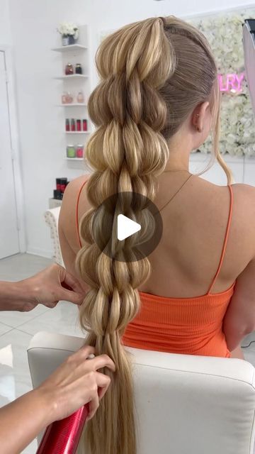 Cute Hairstyles For Long Hair Brunettes, Braid Hairstyles For Athletes, Long Hairstyles Braided, Fun Long Hair Hairstyles, Banana Bushel Braid Tutorial, Bubble Braids With Buns, Cool Hair Styles Easy, Bubble Braids Sports, Hair Braid Ideas Easy