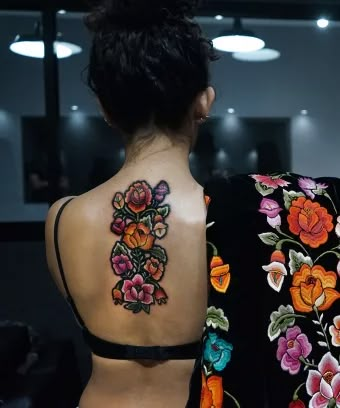 How These Embroidered Tattoo Designs Look So Real Illustrated Tattoo Style, Mexican Embroidery Tattoo Ideas, Mexican Design Tattoo, Embroidery Tattoos For Women, Tattoo Embroidery Designs, Embroidery Style Tattoo, Mexican Art Tattoos For Women, Mexican Floral Tattoo, Embroidery Tattoo Design