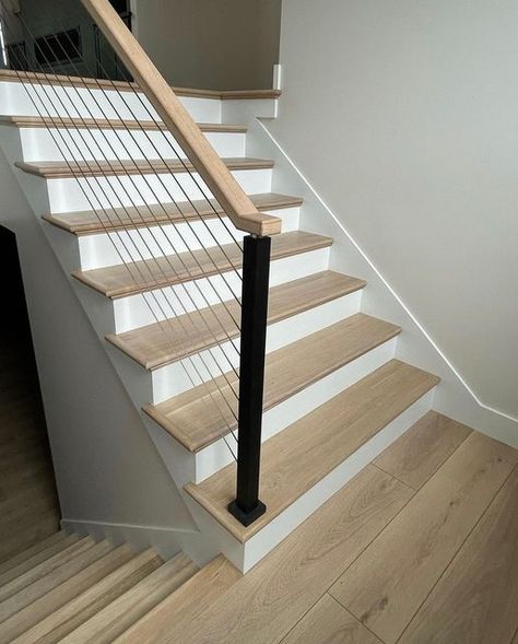 Stairs Vinyl Flooring, Oak Stair Treads White Risers, Dark Stair Treads Light Floors, Vynil Stairs Ideas, Lvp Stair Treads, Stair Transition Ideas, Lvp Stairs With White Risers, Ravenswood Oak Coretec, Wood Stairs With White Risers