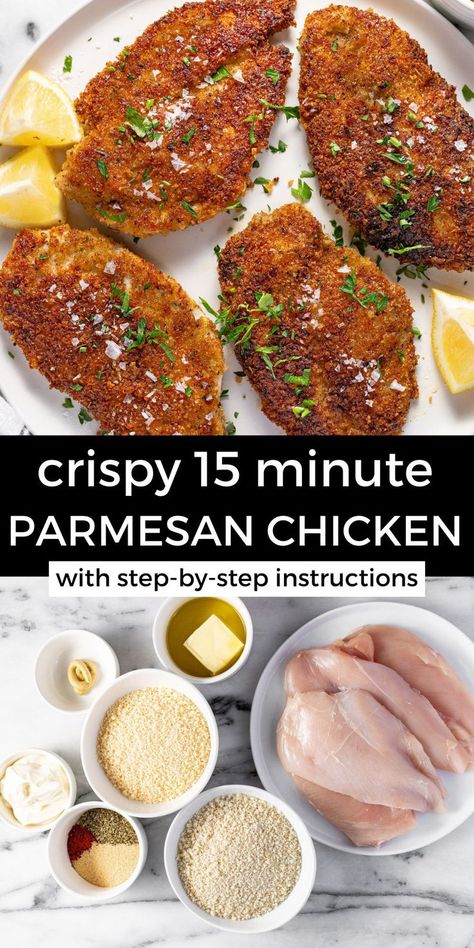 This crispy Parmesan crusted chicken is made with just a handful of simple ingredients and only takes about 15 minutes to throw together! It's a great way to take a boring chicken breast and transform it into a flavorful protein that your whole family will love. My secret ingredient keeps the chicken moist, tender, and juicy on the inside while it gets a super crispy, crunchy, delicious Parmesan crust on the outside! Italian Parmesan Crusted Chicken, Parmesan Crusted Chicken Hello Fresh, Parmesan Crusted Chicken Cutlets, Breaded Chicken Dinner Ideas, Fried Parmesan Crusted Chicken, Crusted Parmesan Chicken, Parmesan Herb Crusted Chicken, Parm Crusted Chicken, Chicken Breadcrumbs