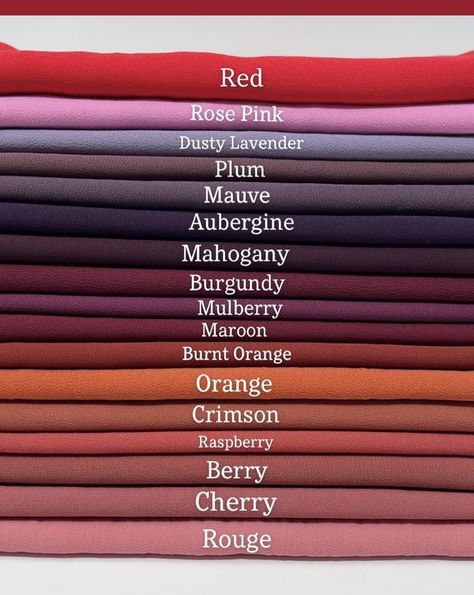 Colour Shade Card, Color Names Chart, Elegant Hijab, Color Knowledge, Color Mixing Chart, Colour Combinations Fashion, Color Combos Outfit, Shade Card, Chiffon Hijab