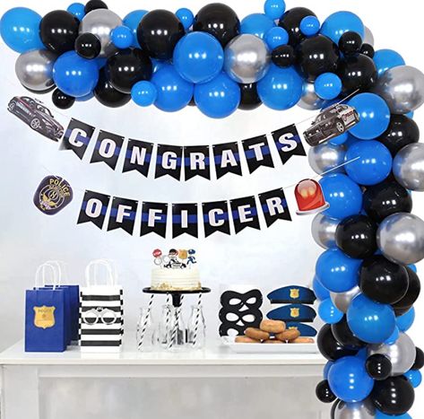 Police Car Themed Birthday Party, Police Balloon Arch, Police Retirement Party Ideas Centerpieces, Police Sergeant Promotion Party, Police Centerpieces, Police Balloon Garland, Police Retirement Centerpiece Ideas, Police Centerpiece Ideas, Police Party Balloons