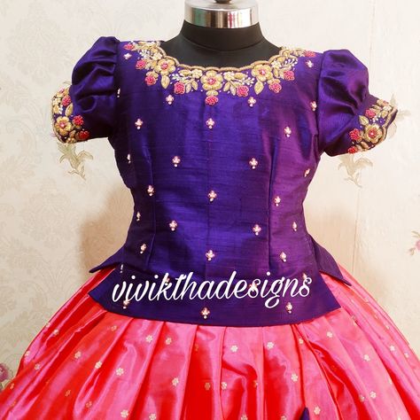 Patu Langa Blouse Designs, Pattu Pavadai Kids Blouse Designs Maggam Work, Kids Pattu Langa Blouse Designs Maggam Work, Kids Pattu Langa Blouse Designs, Pattu Pavadai Kids Blouse Designs, Pattu Lehenga For Kids, Langa Blouse For Kids, Kids Long Skirts, Traditional Baby Dresses