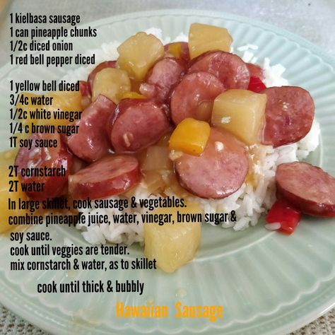 Hawaiian sausage Hawaiian Sausage And Pineapple, Kielbasa And Rice Recipes One Pot, Keilbasa Sausage Recipes, Sausage Over Rice, Brat Sausage, 3 Ingredient Dinners, Chicken Sausage Recipes, Sausage Rice, Dinners Easy