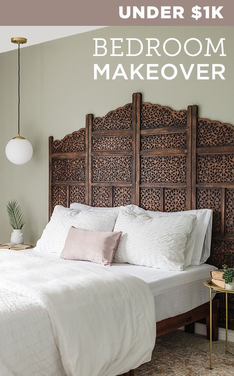 1 Day $1k Boho Bedroom Transformation Boho Master Suite, Headboard Transformation Ideas, Boho Gold Bedroom, Room Divider Headboard Ideas, Diy Headboard Ideas Boho, Morrocon Interiors, Modern Moroccan Bedroom, Moroccan Bedroom Ideas, Bedroom Headboards