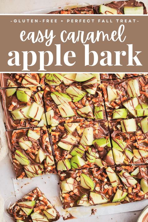 a pinterest pin for caramel apple bark dessert on parchment paper cut into squares Caramel Apple For Party, Fall Green Apple Recipes, Carmel Apple Sticks, Caramel Dipped Apple, Caramel Apple Bark My Heavenly Recipes, Apple Caramel Pretzel Bark, Chocolate Apple Pretzels, Fall Snacks For Work Party, Caramel Apple Bark Dessert