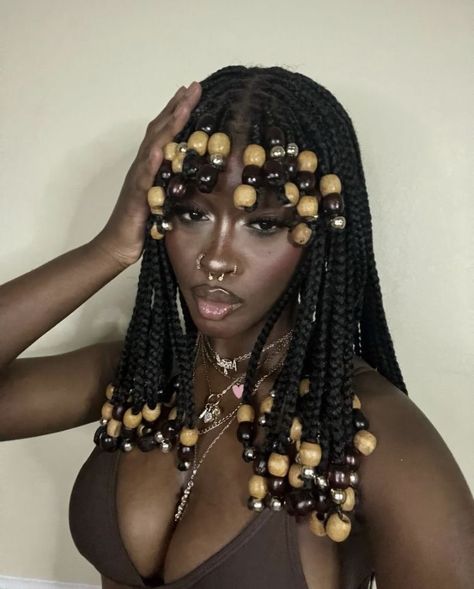 Braids With A Fringe, Feathers Hairstyles Braid, 50 Inch Braids, Sza Braids Hairstyles, Bead Hairstyles Black Women, Wooden Beads Braids, Braid Charms Black Hair, Large Box Braids With Beads, Braided Bead Hairstyles