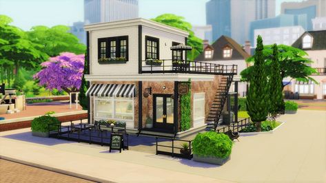 Sims 4 Get Together, Sims 4 Restaurant, Cafe Exterior, Little House Plans, Small House Layout, Sims 4 House Design, Casas The Sims 4, Sims Building, Sims House Design