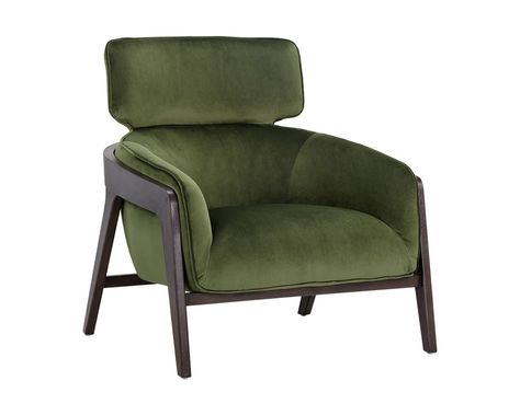 A masculine lounge chair that combines modern design elements with contemporary finishes. Stocked in moss green and metropolis blue fabric or with contrasting polo club stone fabric and overcast grey faux leather. A sculpted exposed brown wood frame completes the look. Fabric Lounge Chair, Green Lounge, Green Armchair, Table Cafe, Green Chair, Polo Club, Chaise Lounge Chair, Stylish Furniture, Chairs For Sale